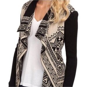 Lucky Brand Aztec Waterfall Open Front Cardigan Sweater Black & Tan | Cozy Chic
